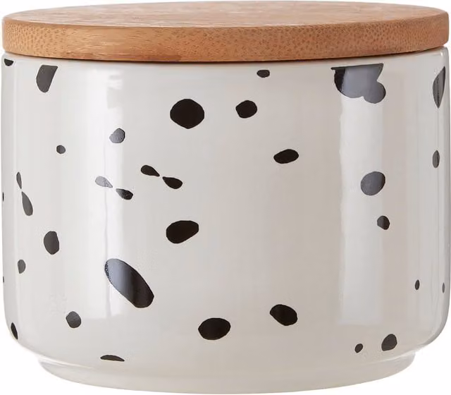 Orsina Airtight Ceramic and Bamboo Speckled Small Storage Canister in White and Black