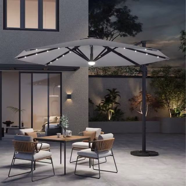 Breeins Round Cantilever Parasol Set with LED Lights and Rotating Base in Grey