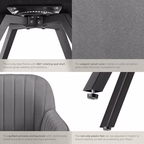 tectake Set of 6 Modern Velvet Dining Chairs in Grey with Metal Legs – 6