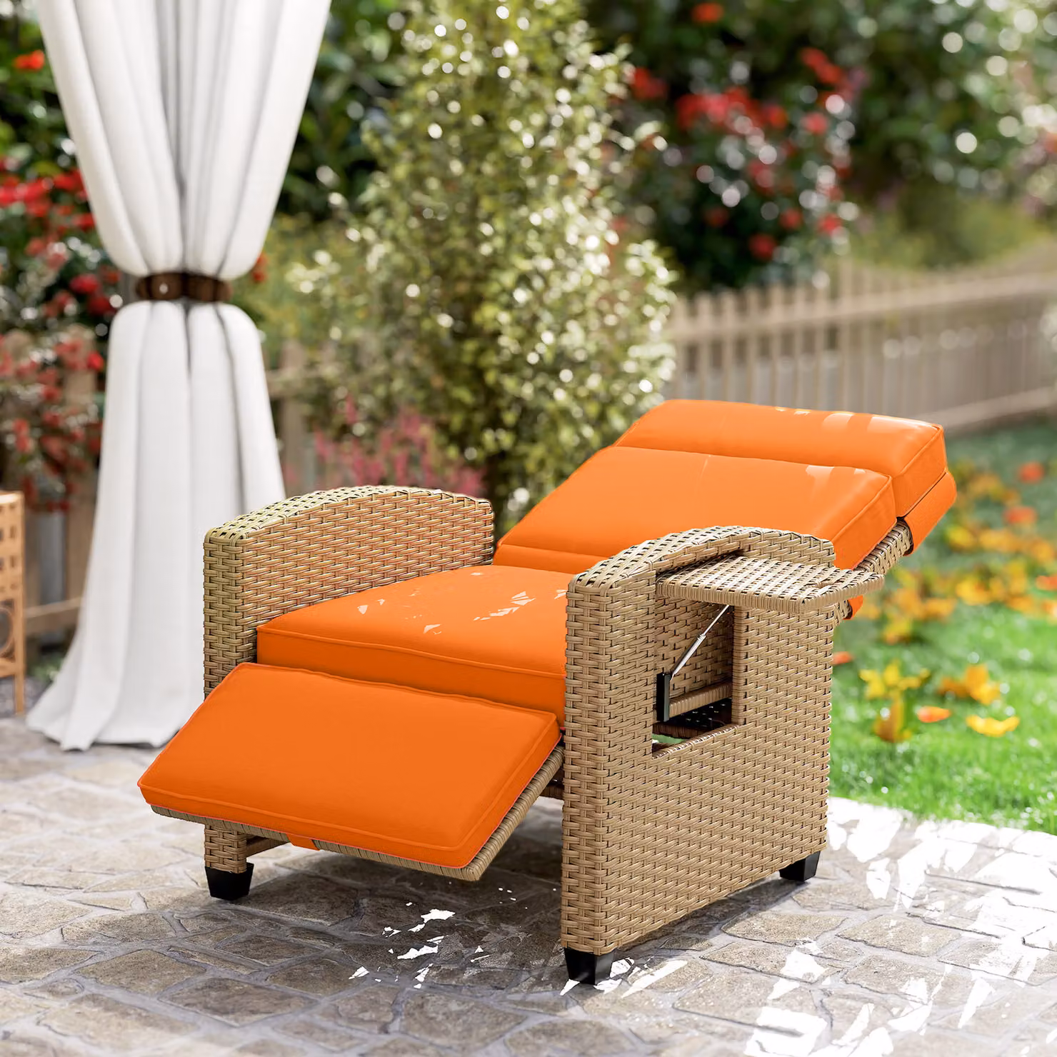 Outsunny 145 Degree Reclining Rattan Armchair with Footrest and Side Tray, Orange – 5