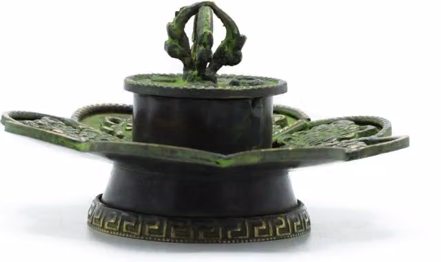 KDMD Brass Verdigris Tibetan Cone and Incense Holder in Green