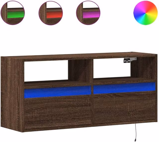 Berkfield Home Modern Wall Mounted TV Cabinet with LED Lights in Brown Oak, W/D/H: 100 x 31 x 45 cm