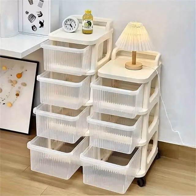 Nordara 4 Tier Plastic Storage Drawer Tower Organiser Trolley in Beige