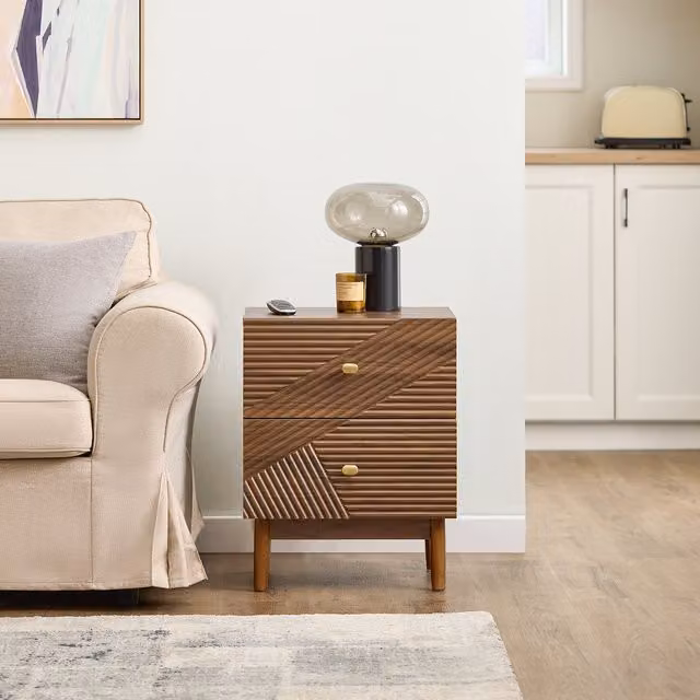 SoBuy Vintage Brown Rubberwood Nightstand with 2 Drawers