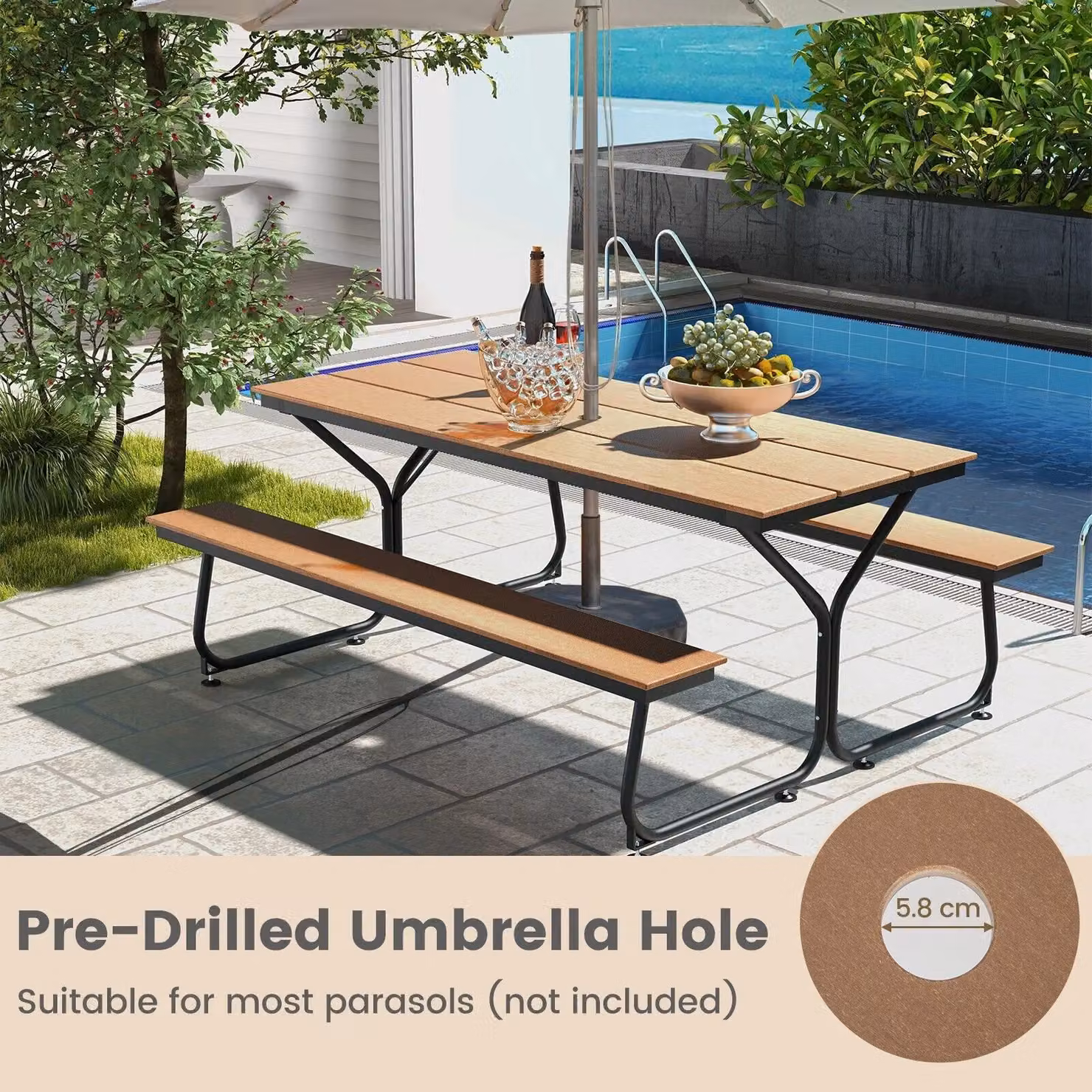 Costway Outdoor Picnic Table and 2 Benches Set with Umbrella Hole, Brown – 5