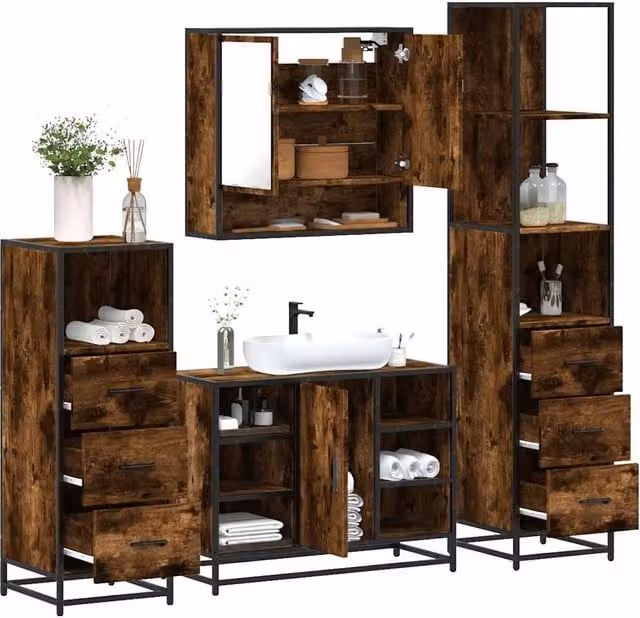 Berkfield Home 4-Piece Industrial Bathroom Furniture Set in Smoked Oak and Brown – 1