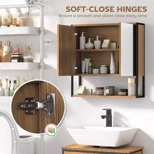 HOMCOM Modern Wall Mounted Bathroom Mirror Cabinet with Soft Close Hinged Doors and Internal Shelves, Brown, W: 60 cm, H: 60 cm, D: 16 cm – 5