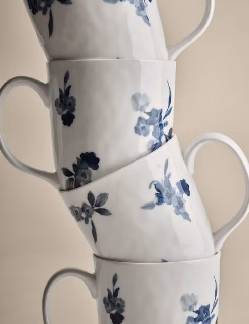 M&S Set of 4 Blue and White Floral Ceramic Mugs