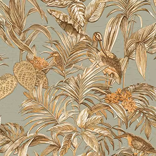 Wall Stitch Bird of Paradise Botanical Floral Non-Woven Vinyl Wallpaper in Aqua and Gold, W: 0.53 m, L: 10 m