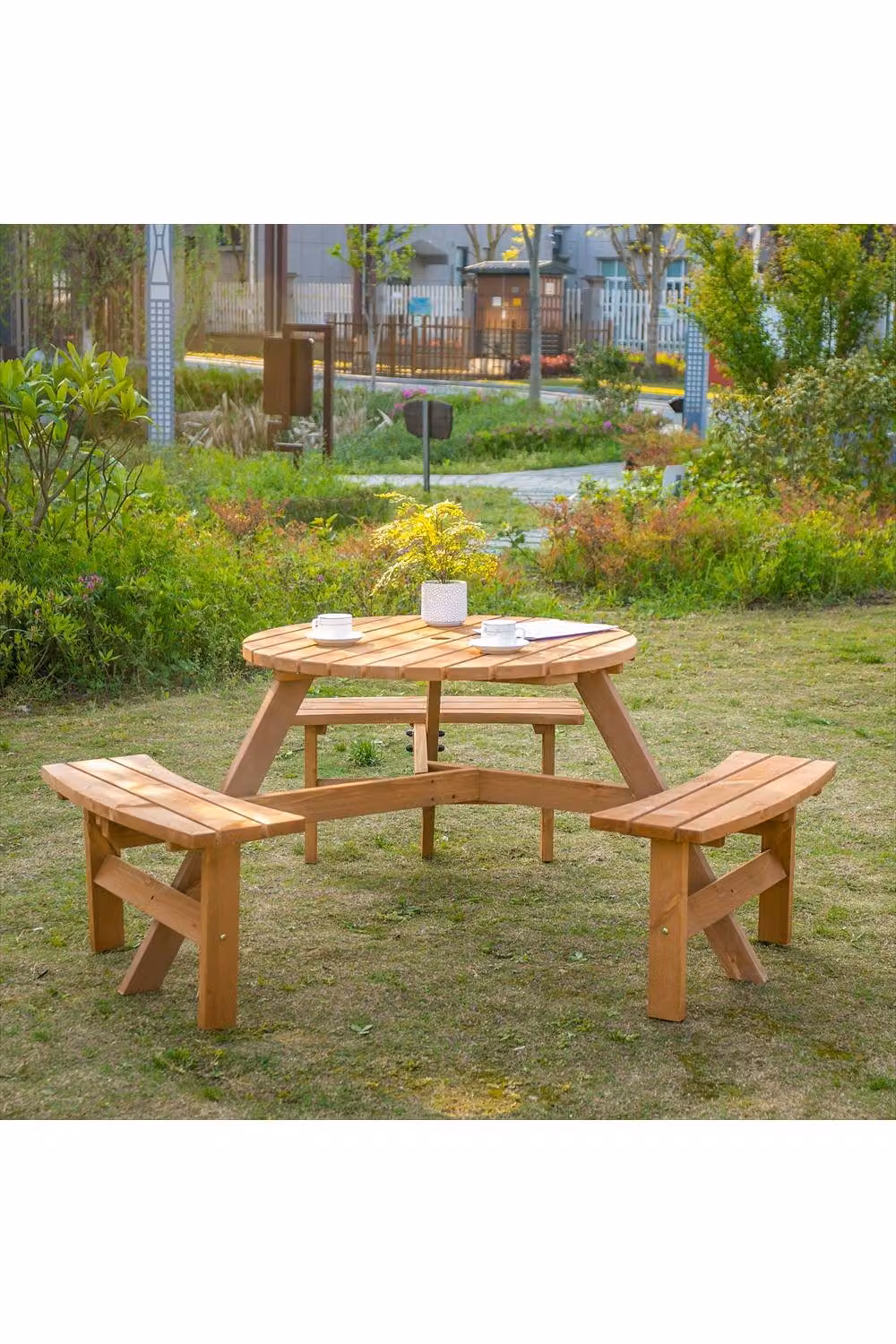 ERGOVEXA 6 Seater Round Wooden Garden Dining Picnic Set in Brown Lacquered Treated Hardwood – 2