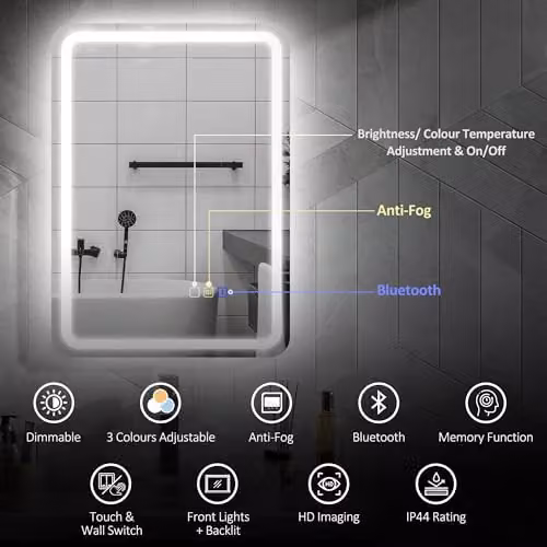 HOMCOM Silver Illuminated Bluetooth Bathroom Mirror with LED Lights and Anti-Fog Function W: 50 cm, H: 70 cm – 3