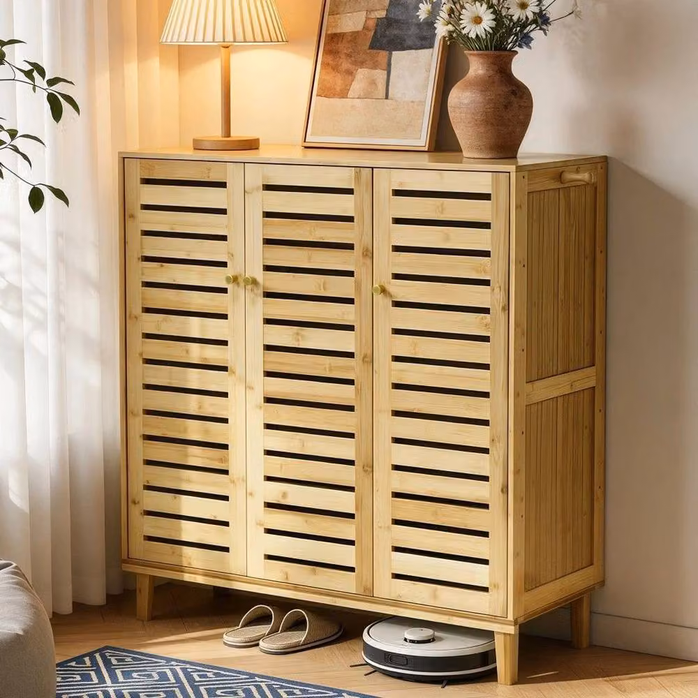 EONLION Retro Tall Shoe Storage Cabinet with Hinged Doors in Brown – 5