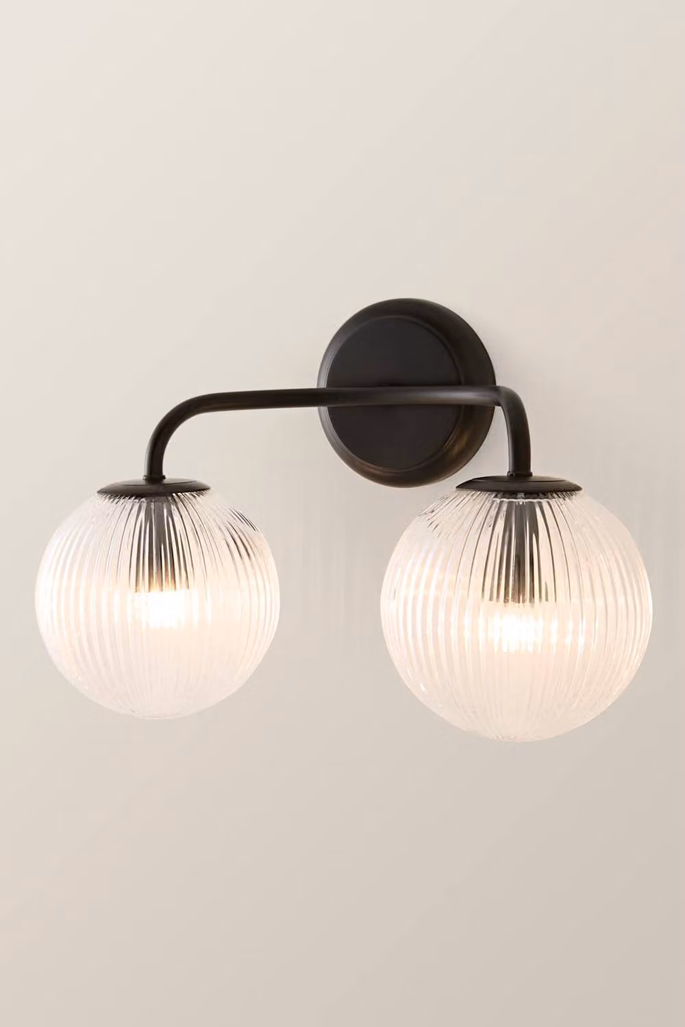 ValueLights Kempton 2 Arm Wall Light with Ribbed Glass Globe Shades in Black – 2