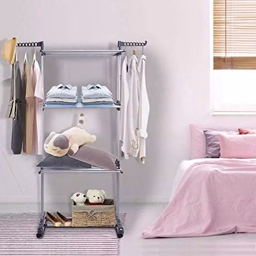 HYGRAD 3 Tier Foldable Metal Clothes Drying Rack with Wheels, Grey, H: 175 cm x W: 126 cm x D: 70 cm – 2