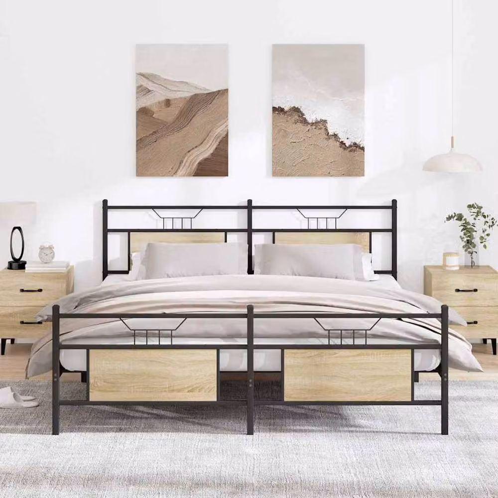Berkfield Home Metal and Wood Bed Frame in Sonoma Oak and Black, W/D/H: 180 x 200 x 91.5 cm – 2