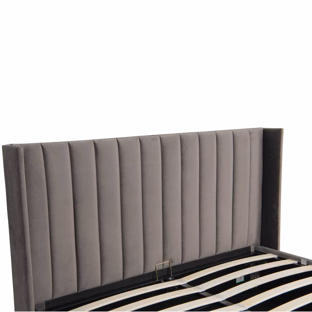 Harmin Luxury EU Double Winged Ottoman Bed in Dark Grey Plush Velvet with Lift Up Base – 4