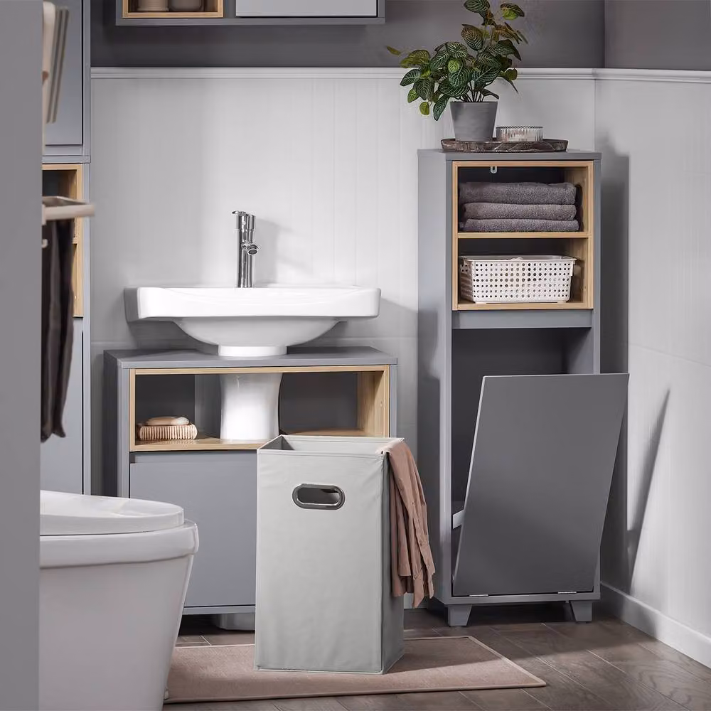 SoBuy Modern Laundry Storage Cabinet with Basket and Open Shelf in Dark Grey, Height: 105 cm – 4