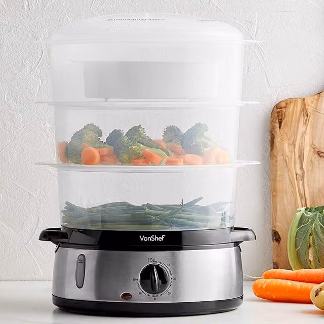 VONSHEF 800W 3 Tier Food Steamer with Timer in Silver