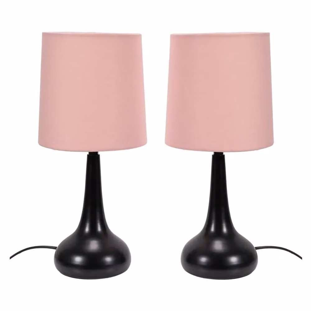 ValueLights Teardrop Pair of Compact Fabric Bedside Touch Table Lamps in Baby Pink and Black – 2