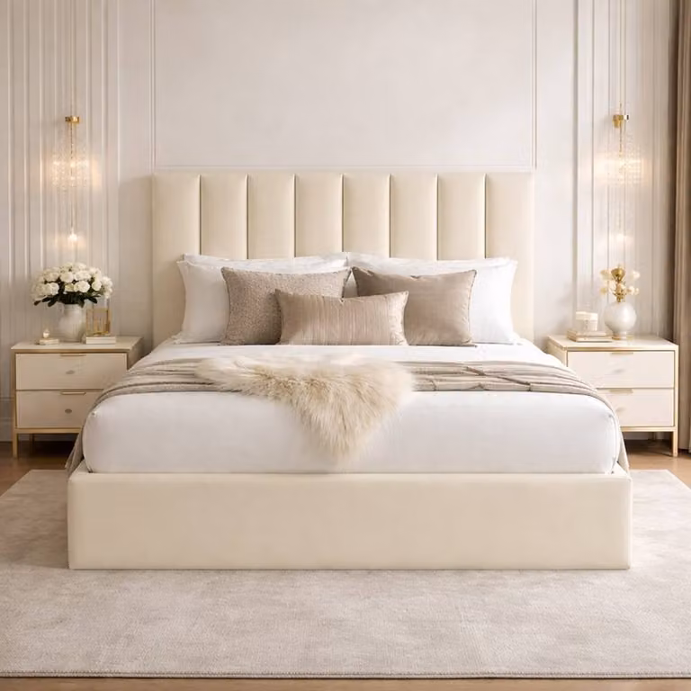 Desire Deco Suenna Ottoman Storage Bed Frame in Beige Plush Velvet, Double Size (W: 140 cm, L: 200 cm)