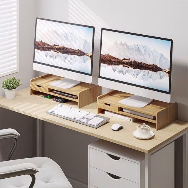 HOMCOM Bamboo Monitor Riser and Laptop Stand with Drawer, Brown, W: 25.5 cm, D: 25.5 cm, H: 11.5 cm – 9