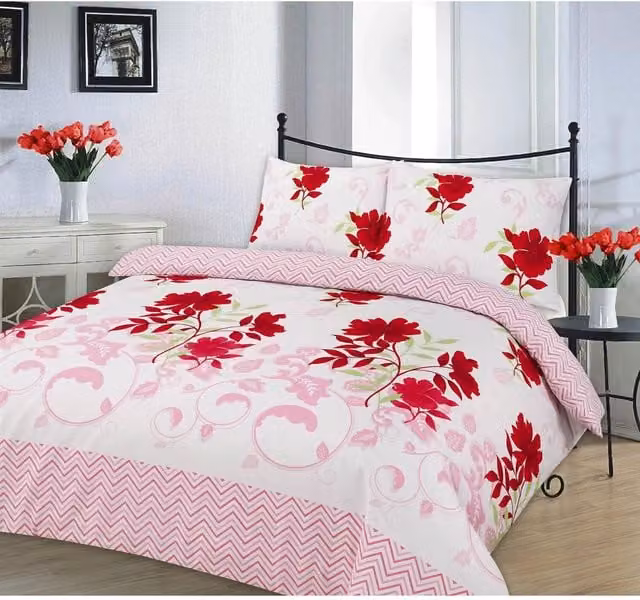 Kampala Hill Reversible Floral Duvet Cover and Pillowcase Set in Red, Petrol and White, W/D/H: 200 x 200 cm and 50 x 75 cm