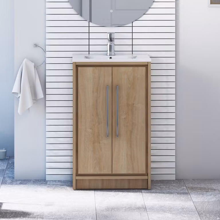 Livora Natural Oak 2 Door Floor Standing Bathroom Vanity Unit with Soft Close Hinged Doors