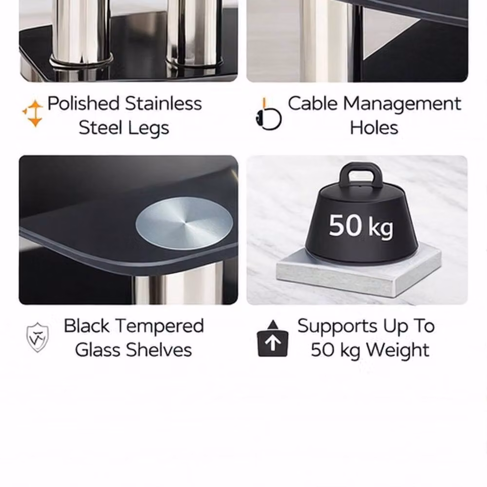 FORGEVIO Black Glass Modern TV Stand with 3 Shelves, Width: 105 cm – 2