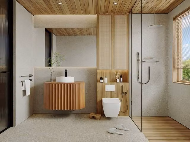 Vente-unique TOWARI Teak Suspended Vanity Unit in Light Oak Brown, W: 90 cm