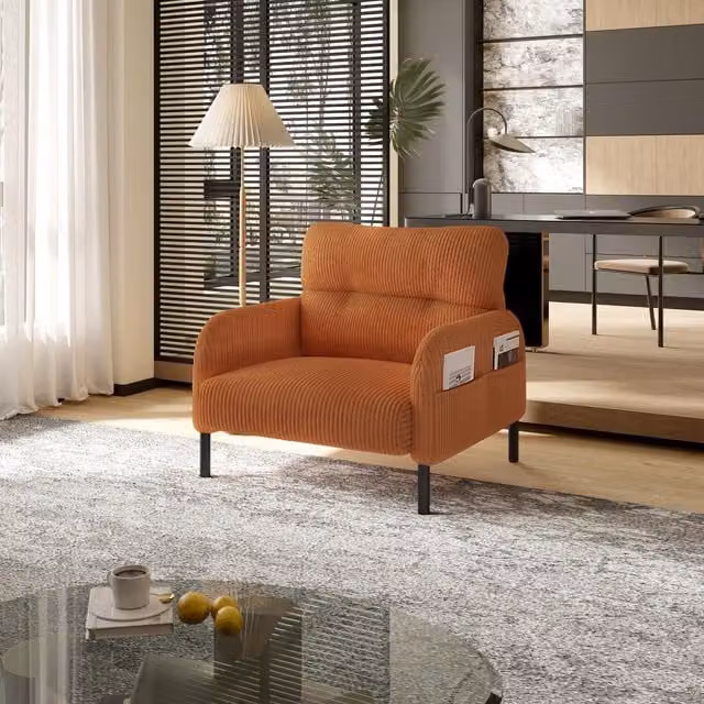 Aosom UK Orange Corduroy Single-Seater Armchair with High-Density Foam Cushion and Storage Pockets, W/D/H: 75 x 67 x 79 cm