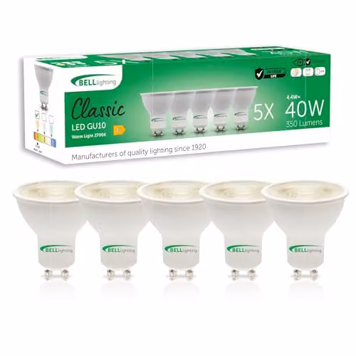 BELL Lighting GU10 Dimmable LED Spotlight Bulbs, 4.4W, 350lm, Warm White 2700K, Pack of 5 – 1