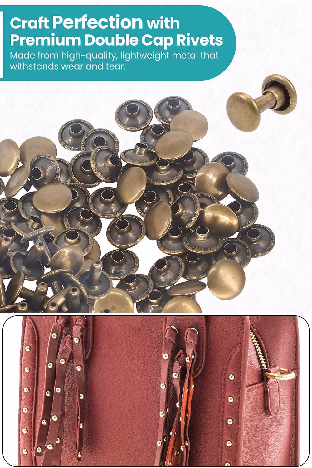 Neel Blue 12mm Double Cap Rivet Tubular Metal Studs and Leather Rivets, Bronze, 100pcs – 4