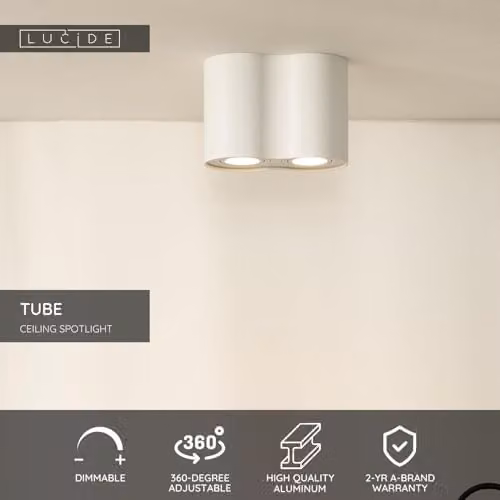Lucide Tube Dimmable and Adjustable Surface Mounted Cylinder Ceiling Spotlight in White – 2