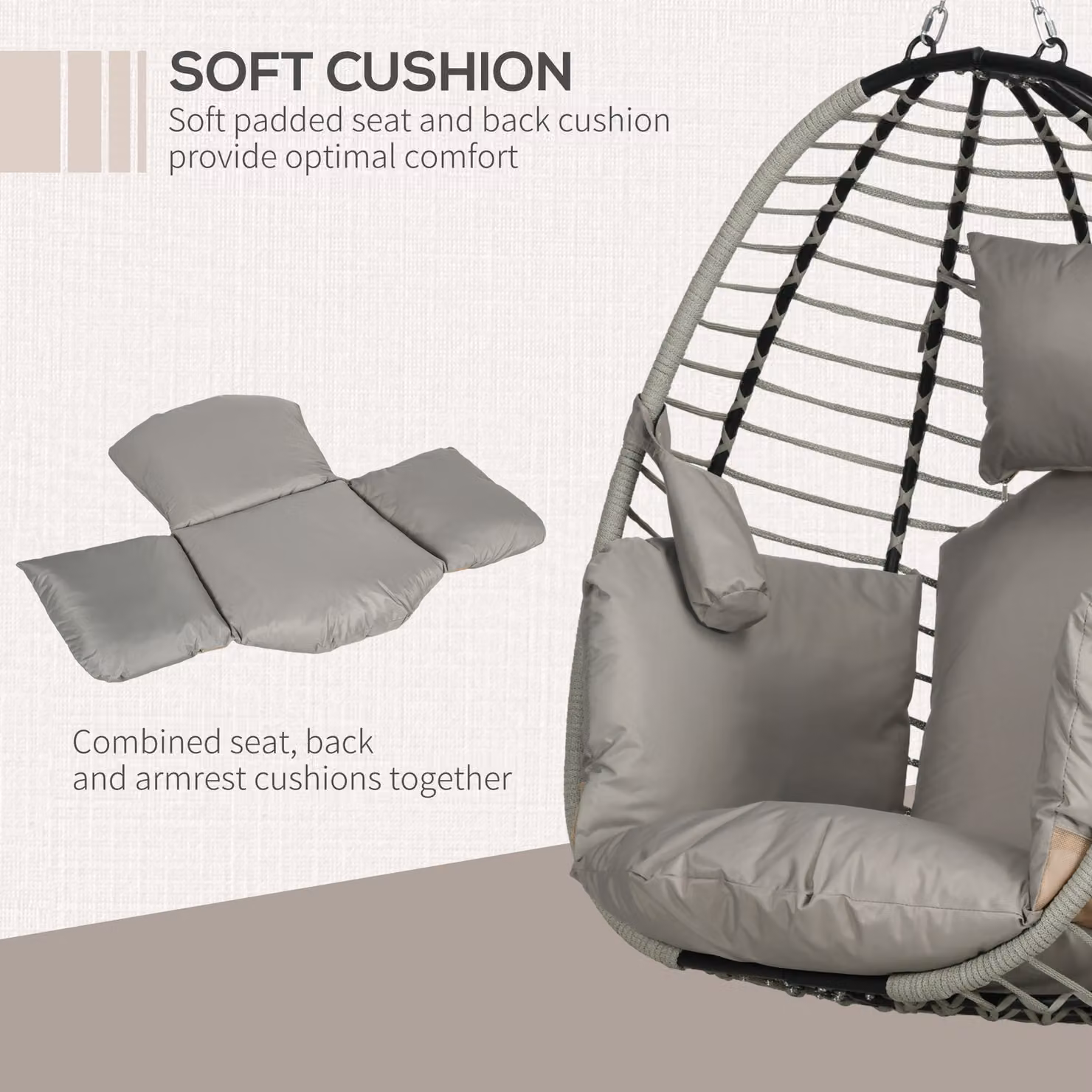 Outsunny Grey Egg Outdoor Swing Chair with Metal Stand and Padded Cushion – 5
