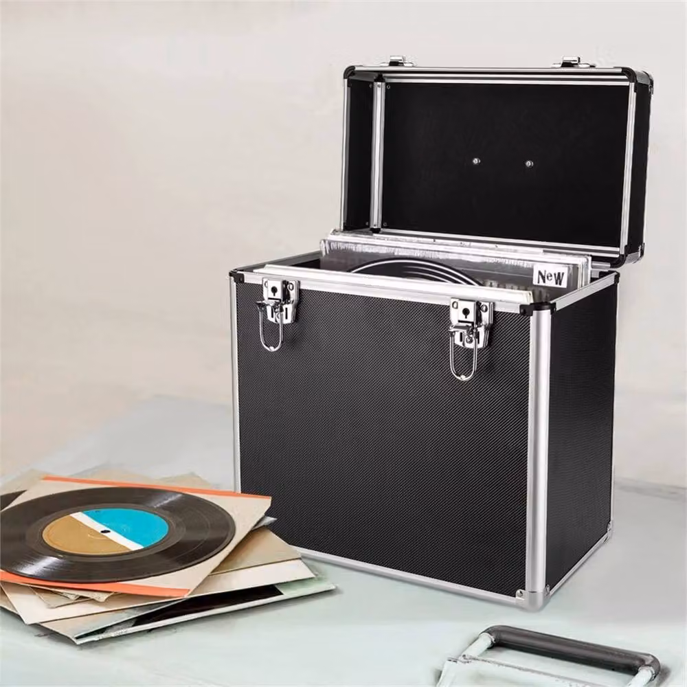 VOGREX Black Vinyl LP Record Storage Case, Stackable DJ Flight Box with Handles – 4