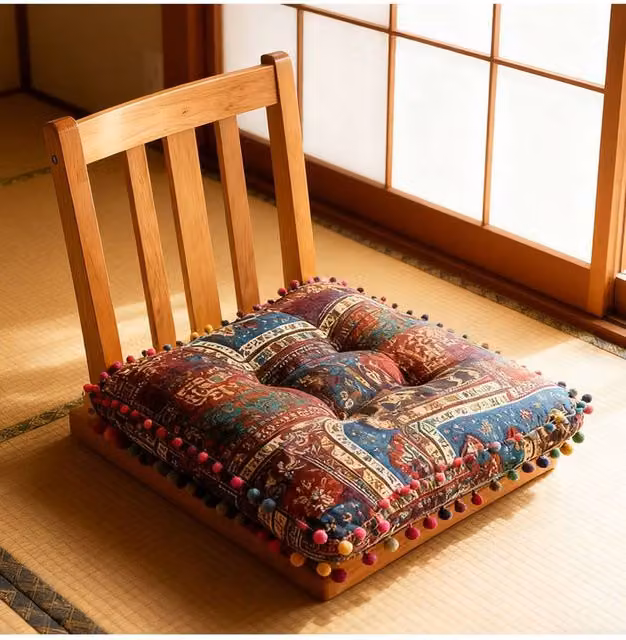 Living and Home Bohemian Patterned Square Linen Seat Cushion with Pom-Pom Trim in Multicolour