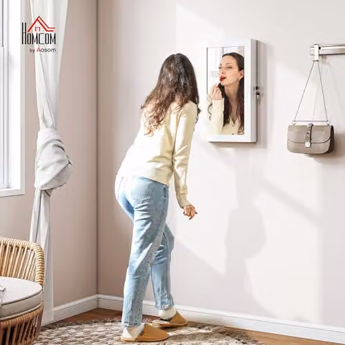 HOMCOM Wall-Mounted White Jewelry Cabinet with Mirror and Lock – 2
