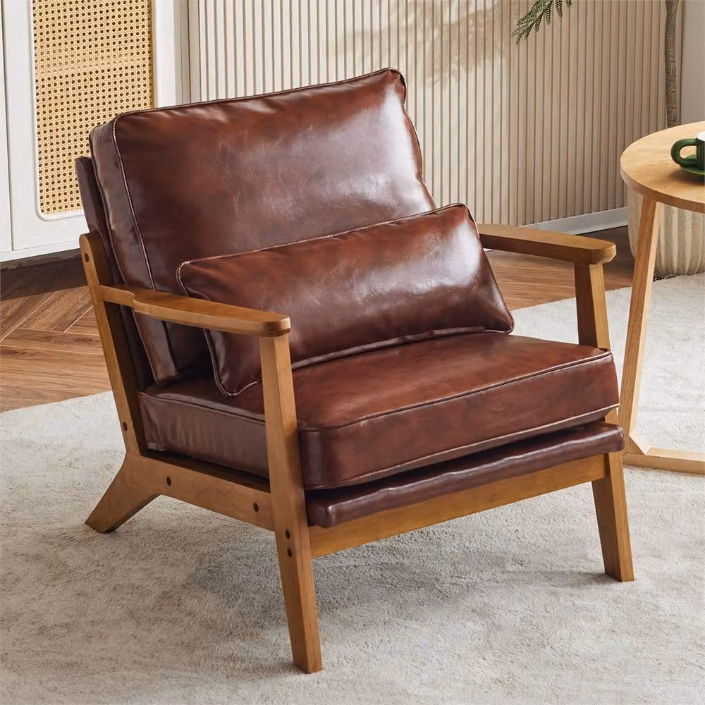 NESTLUNE Brown Mid Century Modern Armchair with Synthetic Leather and Wooden Legs – 4