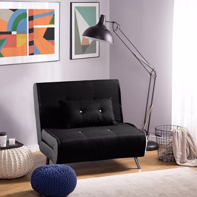 Wyld and Coco Black Woven Fabric Single Fold-Out Sofa Bed with Upholstered Metal Frame – 1