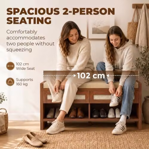HOMCOM Boho Shoe Bench with 2 Rattan Drawers and Fabric Cushion, Brown, W: 108 cm, D: 35 cm, H: 50 cm – 4