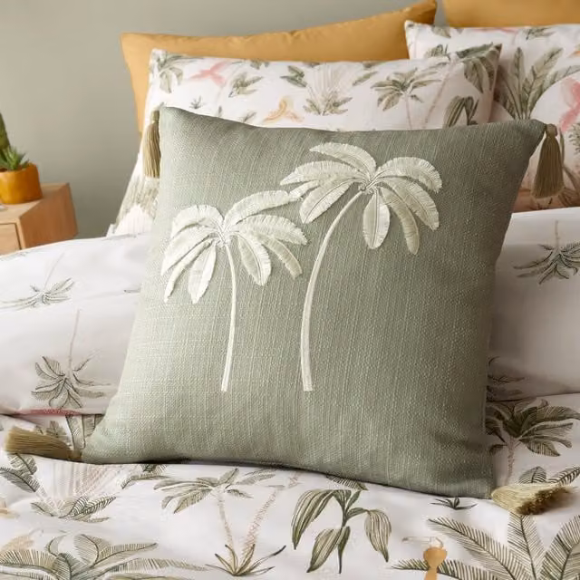 Catherine Lansfield Paradiso Palm Embroidered Square Filled Cushion, Sage Green, W x D: 45 x 45 cm