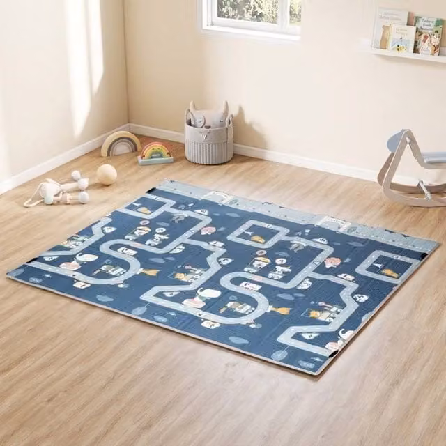 STILVORA Reversible Foldable Baby Play Mat with Playpen Sides, Blue and Multicolour, W: 180 cm, D: 200 cm – 1