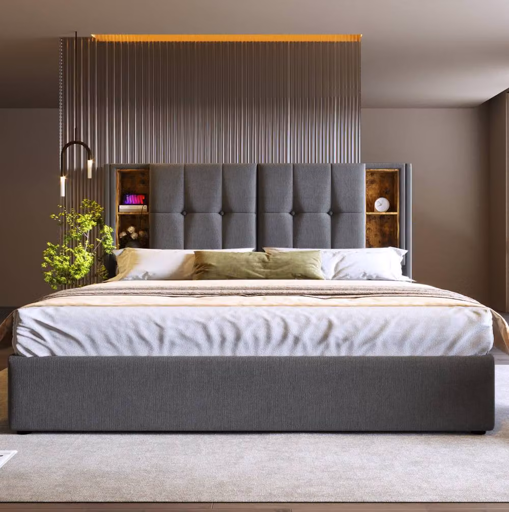 STILVORA Super King Upholstered Bed in Grey with USB Charging and Lift-Up Storage Base, W: 200 cm x D: 200 cm – 3
