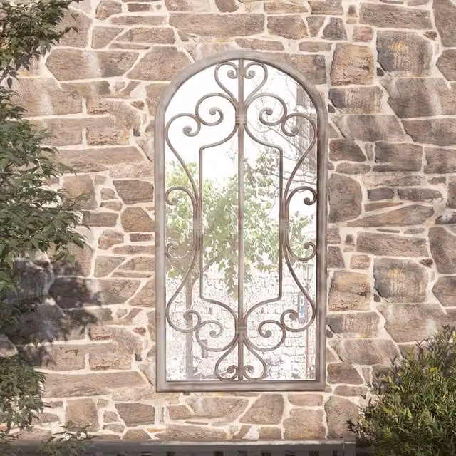 Berkfield Antique Metal Garden Wall Mirror in Sand Beige, W: 70 cm, H: 30 cm