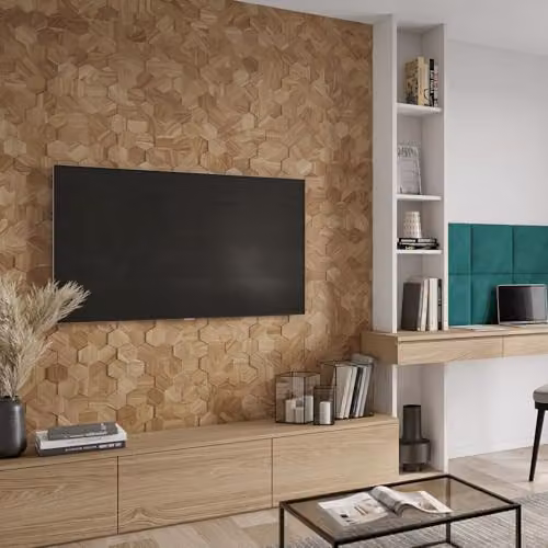 Wallsupply UltraWood Hexagon Solid Teak Wood Wall Cladding 3D Interlocking Tiles, Brown, 10pcs, 0.38m²