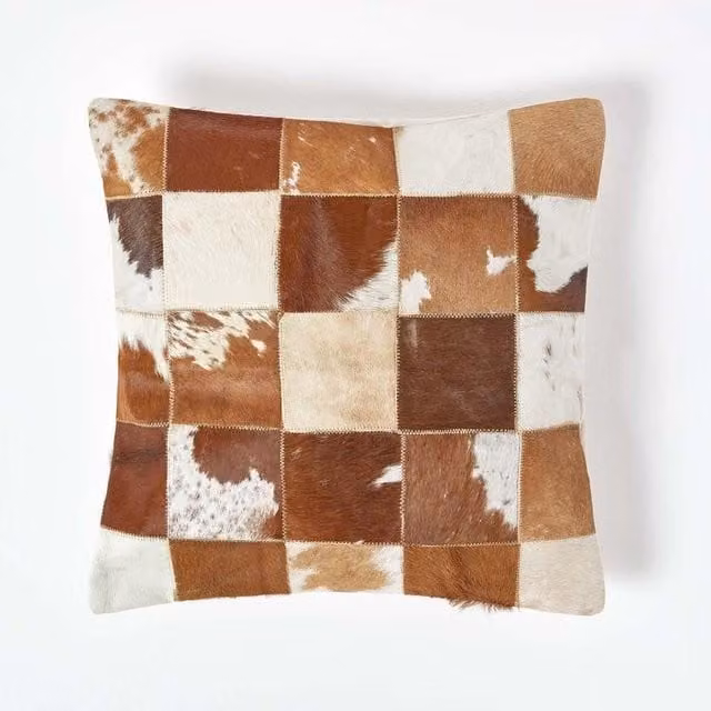Homescapes Beige and Brown Checked Square Cushion with Leather and Goat Hair and Feather Filling, W/D/H: 45 x 45 x 45 cm