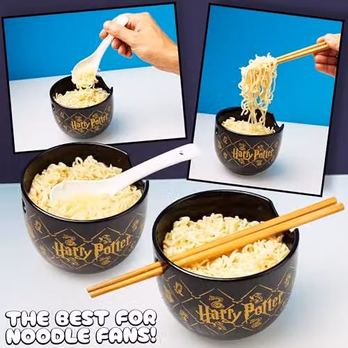 Get Trend Harry Potter Ramen Bowl Set, 600ml Black Ceramic Bowl with Spoon and Bamboo Chopsticks – 10