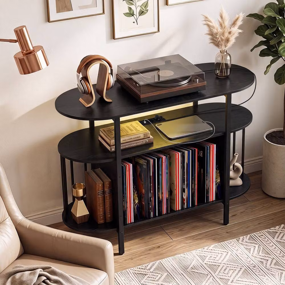 Gymax Large Record Player Stand with LED Lights in Black Metal – 5