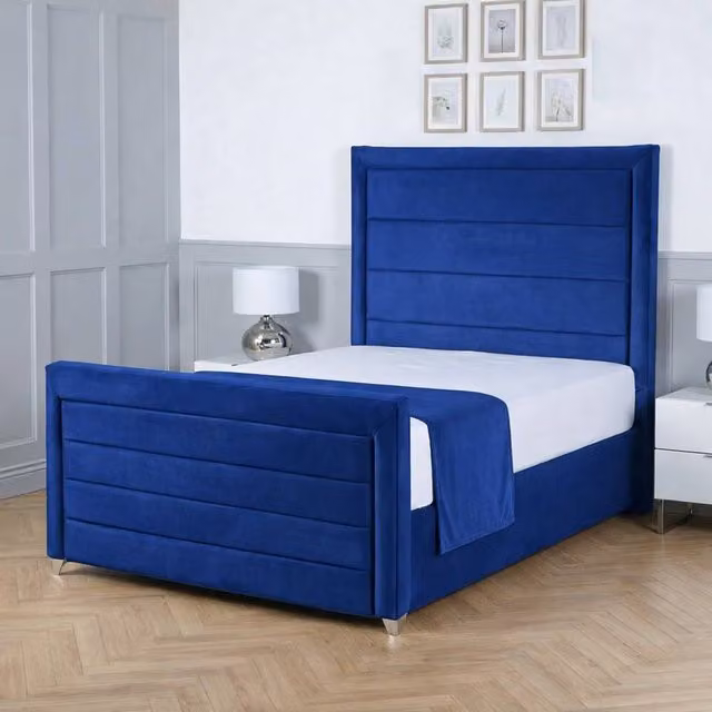 Living Comfort Bedz Selena Plush Velvet Upholstered Bed with Slatted Base and 48 Inch Headboard, Blue, W/D/H: 120 x 200 cm