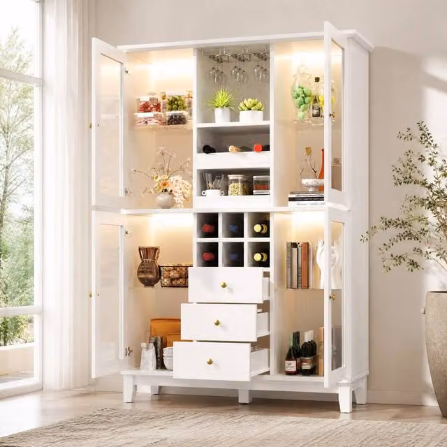 STILVORA Modern White Wine Cabinet with Glass Doors, Integrated Lighting and Internal Drawers, W/D/H: 120.0 x 180.5 x 3.0 cm